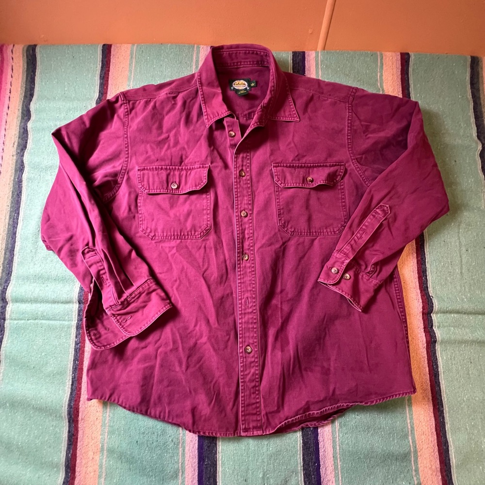 Cabelas Button Down Mens L Burgundy Cotton Canvas Outdoor Workwear Shirt